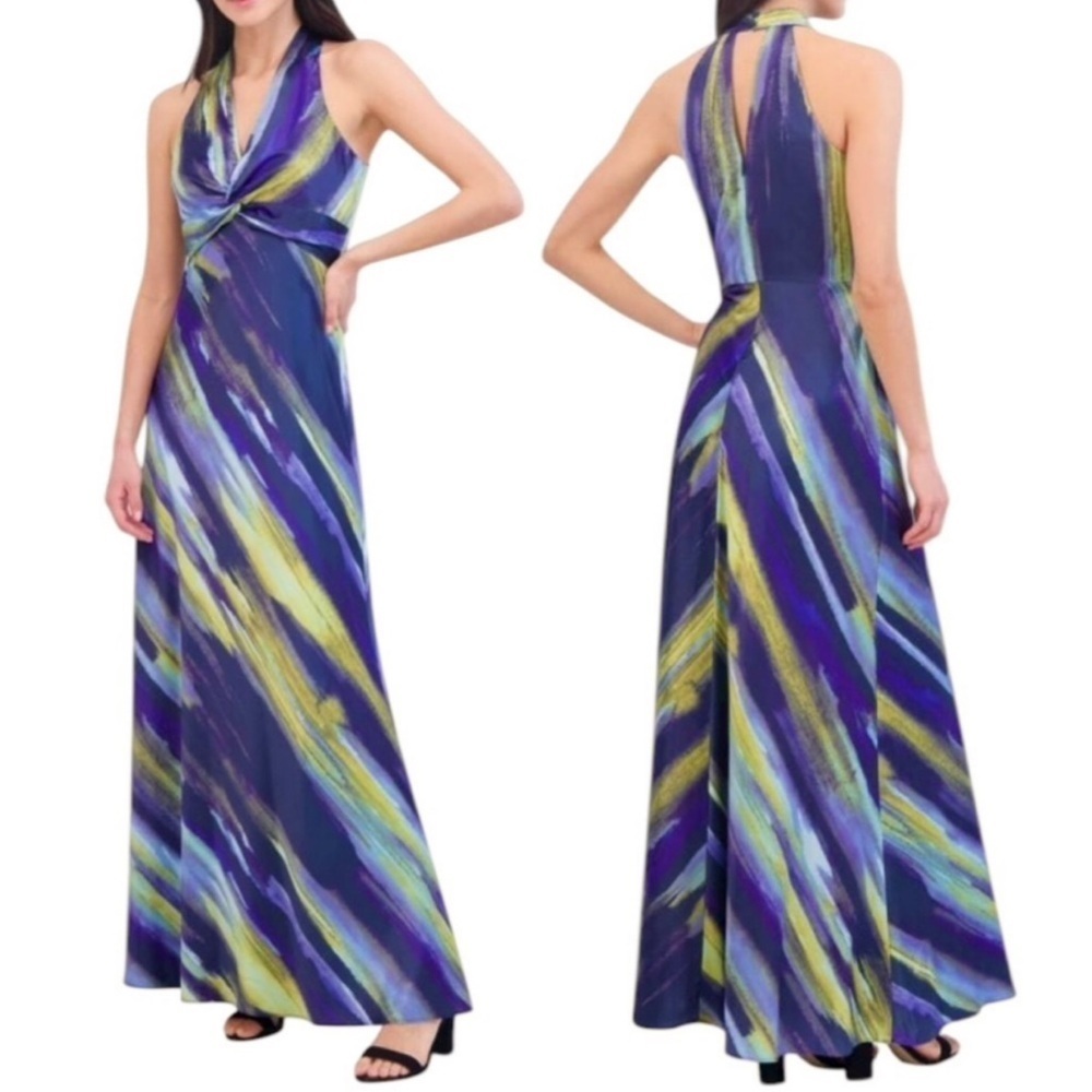 NWT Vince Camuto Abstract Print Knot Front Satin Halter Gown in Multi Size 8